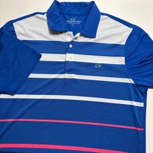 Vineyard Vines Striped Performance Golf Polo Mens L Blue Red Shirt Whale Logo
